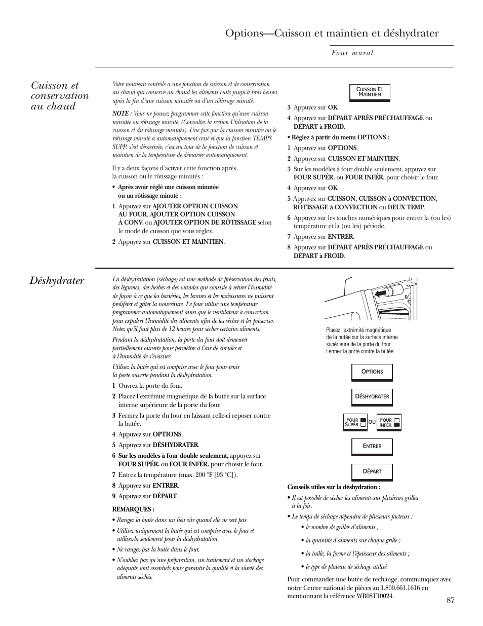 Option de cuisson et de maintien de la température, Option de déshydratation, Options—cuisson et maintien et déshydrater | Cuisson et conservation au chaud, Déshydrater | GE ZET2R User Manual | Page 87 / 156