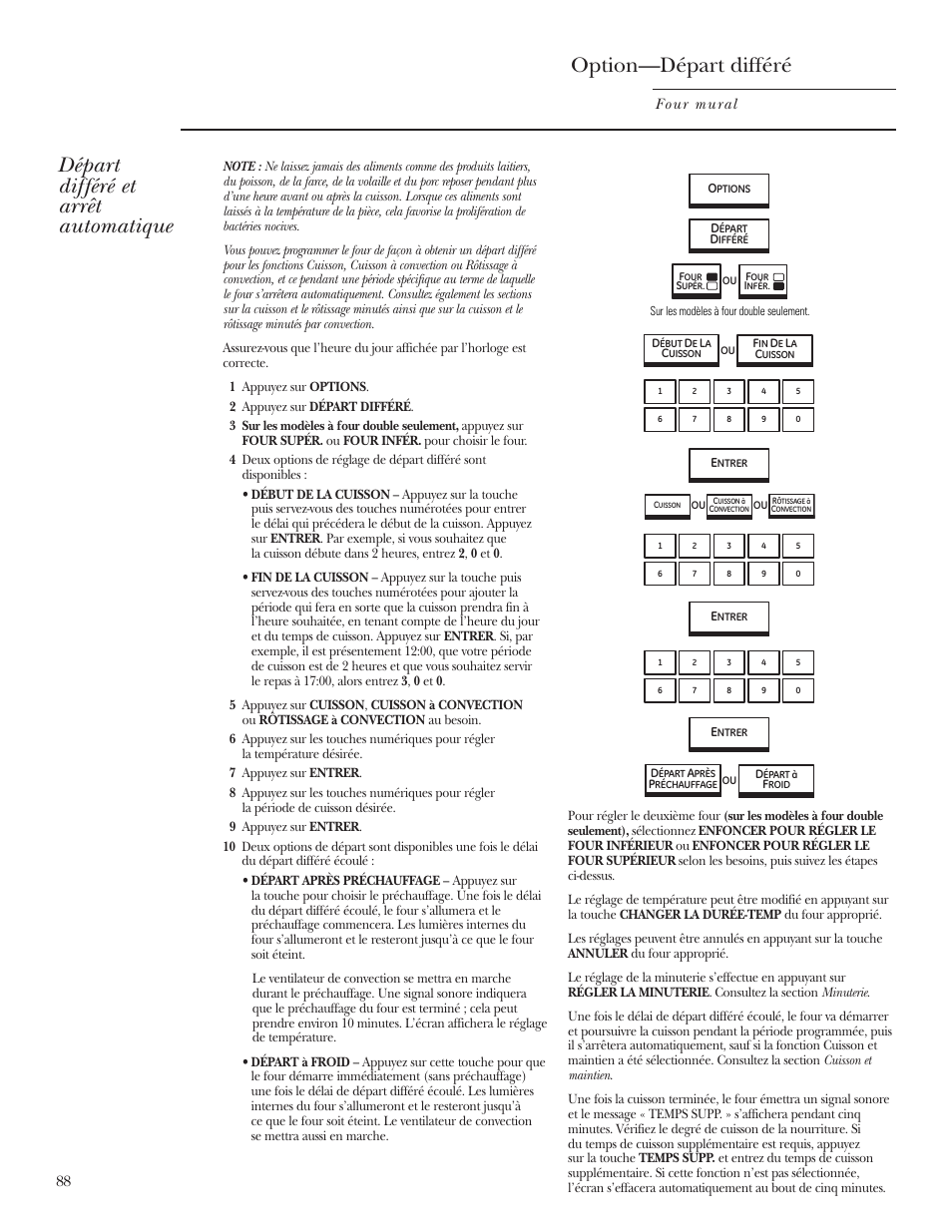 Option de départ différé, Option—départ différé, Départ différé et arrêt automatique | GE ZET2R User Manual | Page 88 / 156