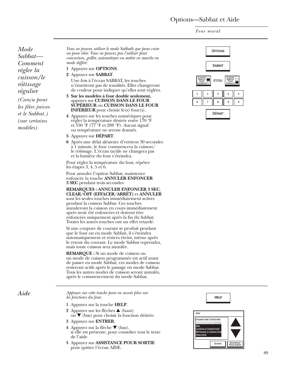 Aide, Option sabbat, Options—sabbat et aide | Four mural | GE ZET2R User Manual | Page 89 / 156