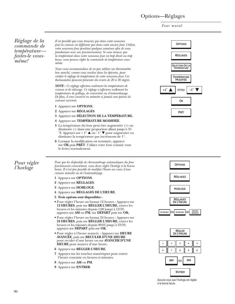 Réglage des options, Horloge, Thermostat | Réglage des options –94, Options—réglages, Pour régler l’horloge | GE ZET2R User Manual | Page 90 / 156