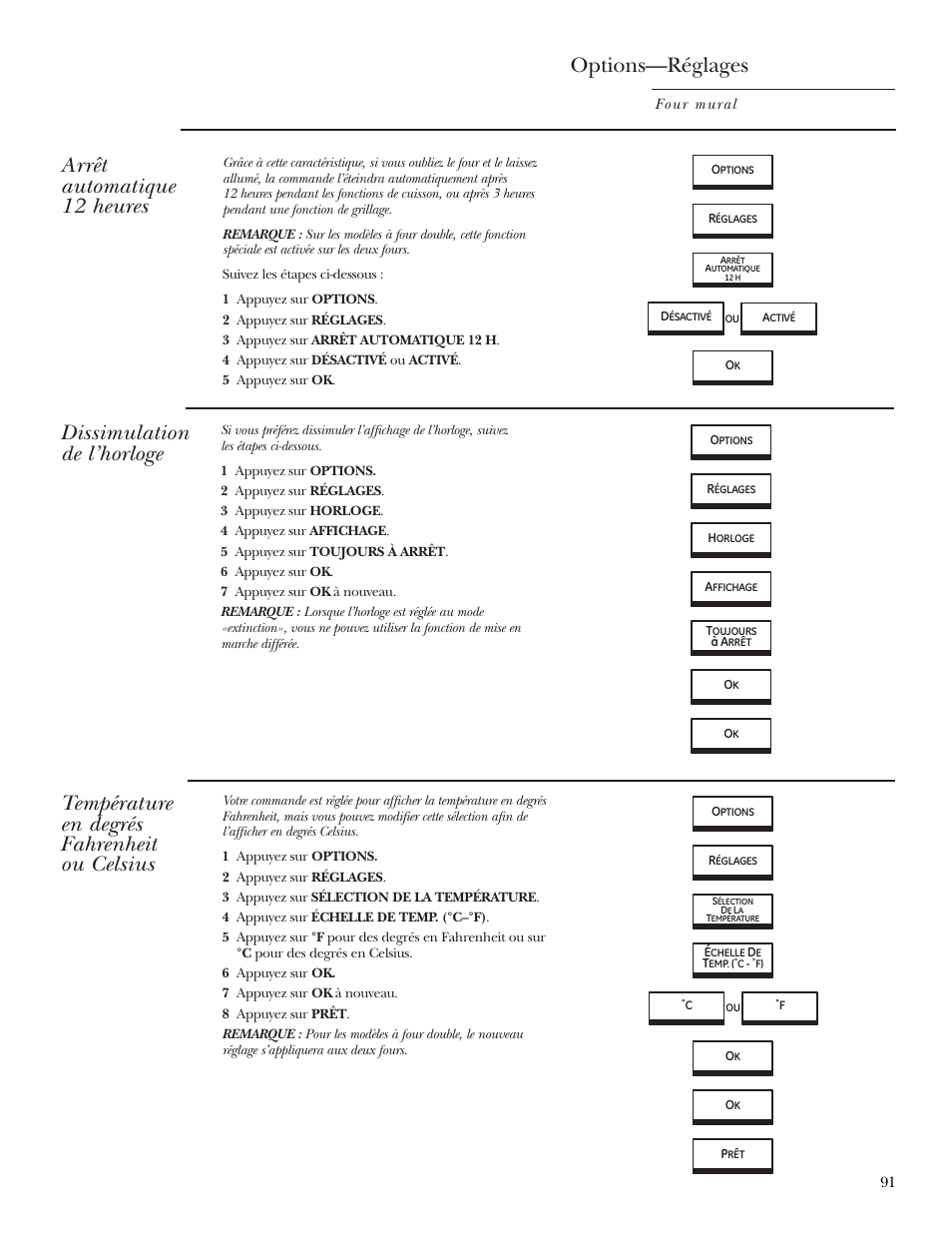 Arrêt automatique 12 heures, Dissimulation de l’horloge, Sélection des degrés fahrenheit ou celsius | Température en degrés fahrenheit ou celsius, Options—réglages | GE ZET2R User Manual | Page 91 / 156