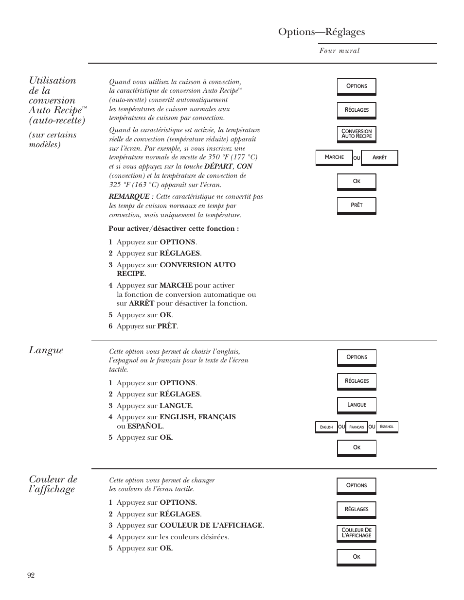 Conversion automatique de recettes, Couleur de l’affichage, Langue | Options—réglages, Utilisation de la conversion auto recipe, Auto-recette), Langue couleur de l’affichage, Sur certains modèles) | GE ZET2R User Manual | Page 92 / 156