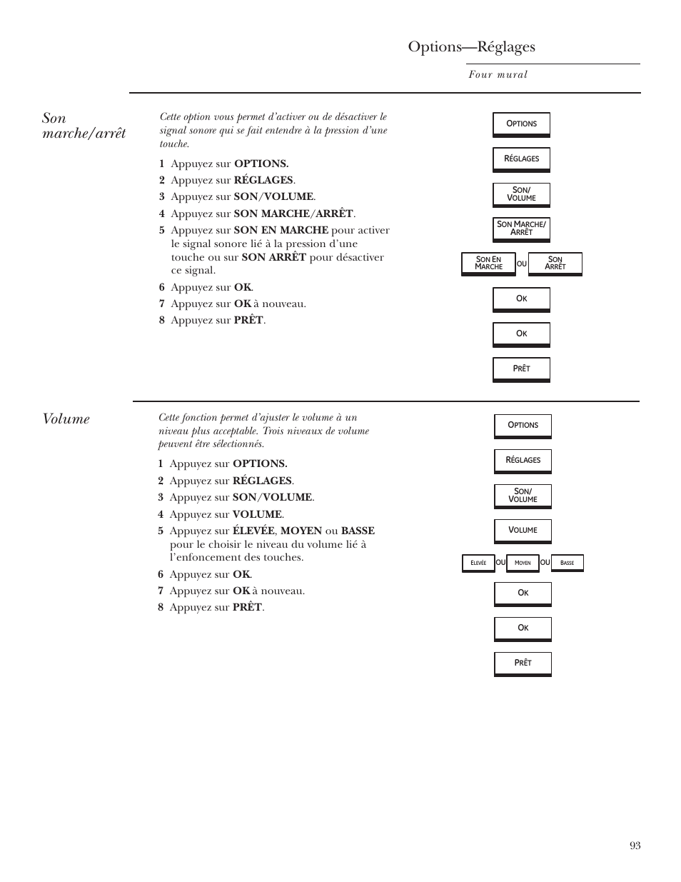 Volume, Options—réglages, Son marche/arrêt | GE ZET2R User Manual | Page 93 / 156