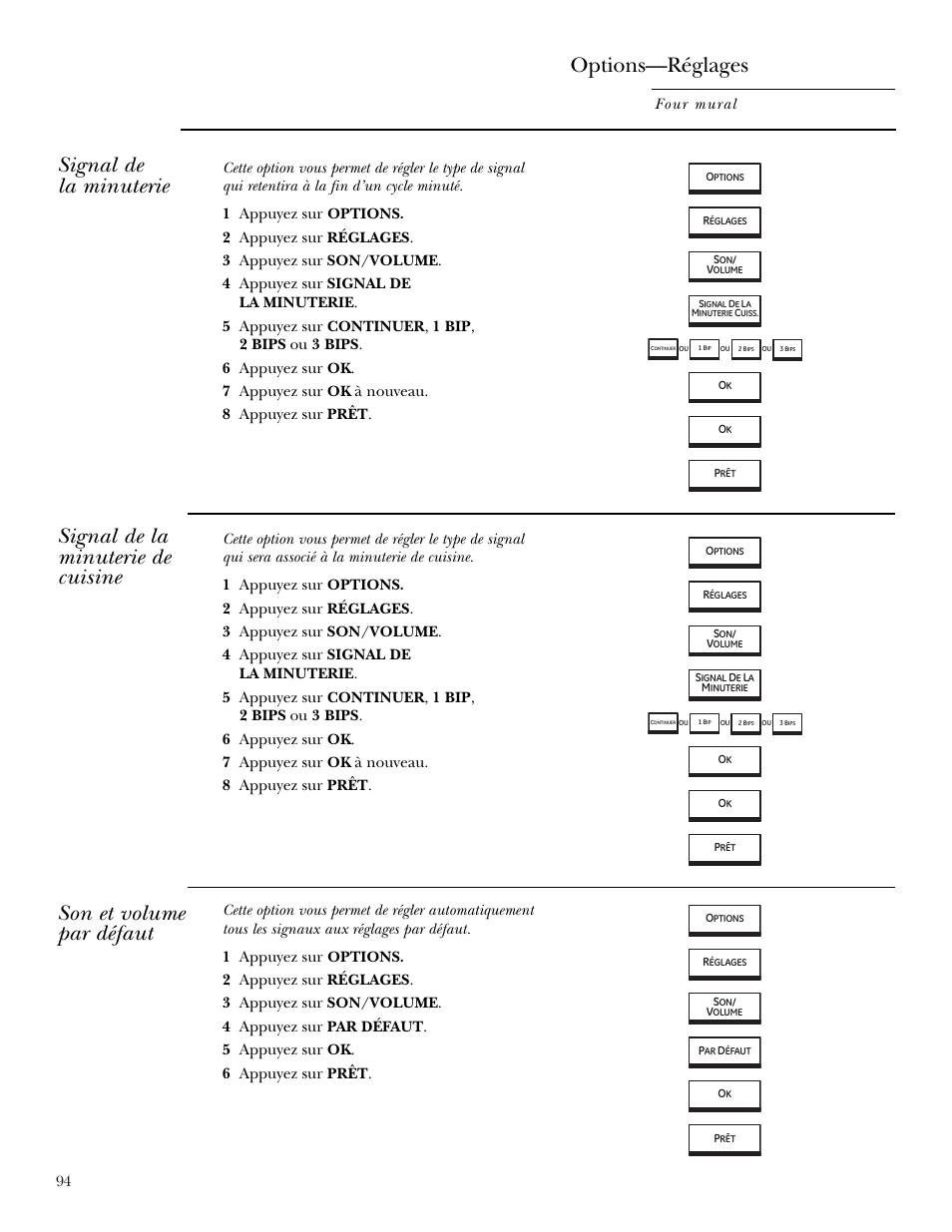 Réglages par défaut, Signal de la minuterie, Signal de la minuterie de cuisine | Options—réglages | GE ZET2R User Manual | Page 94 / 156