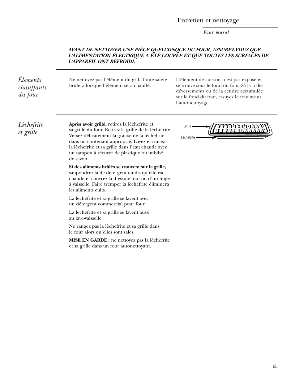 Lèchefrite et grille, Éléments chauffants du four, Entretien et nettoyage | GE ZET2R User Manual | Page 95 / 156