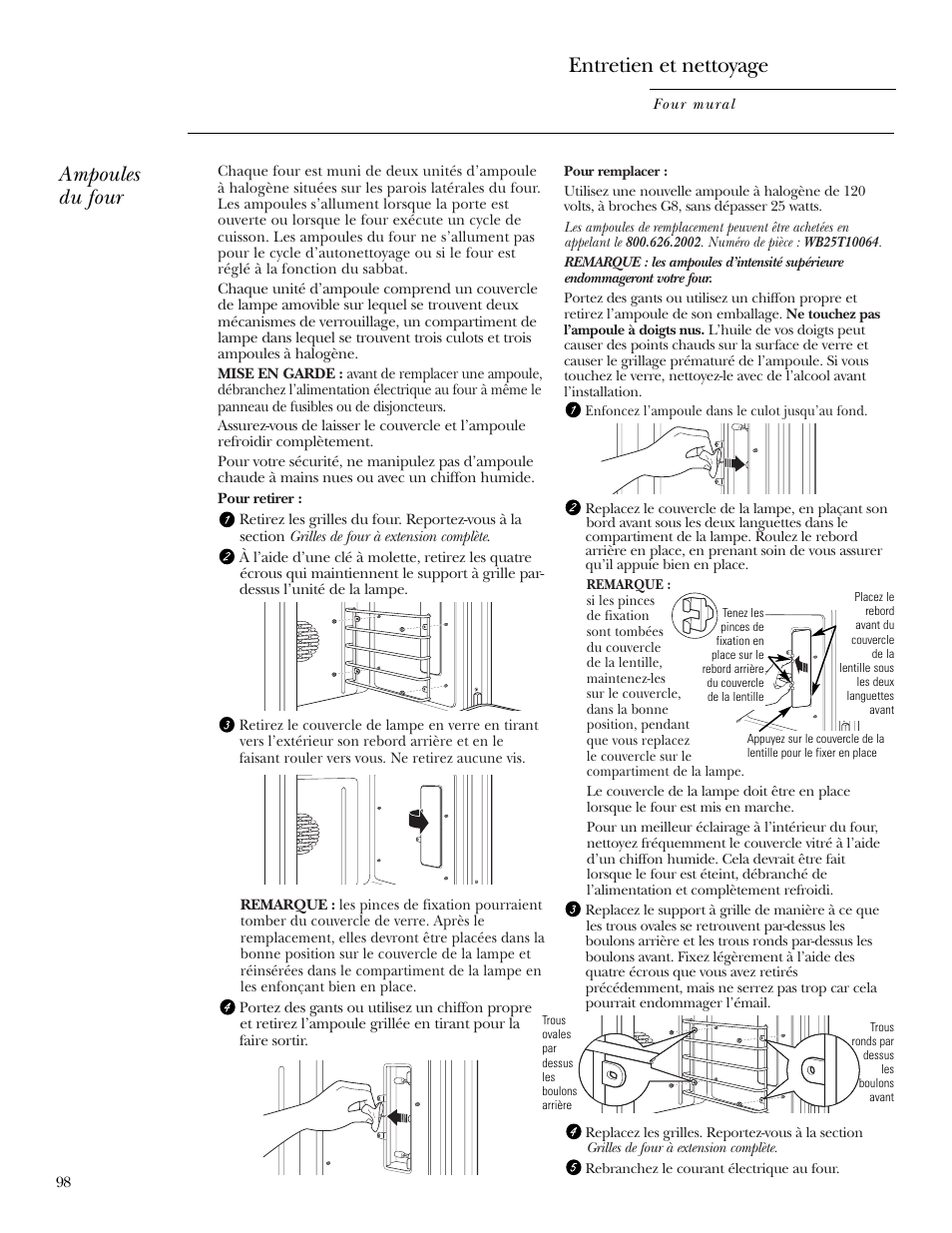 Ampoules du four, Entretien et nettoyage | GE ZET2R User Manual | Page 98 / 156