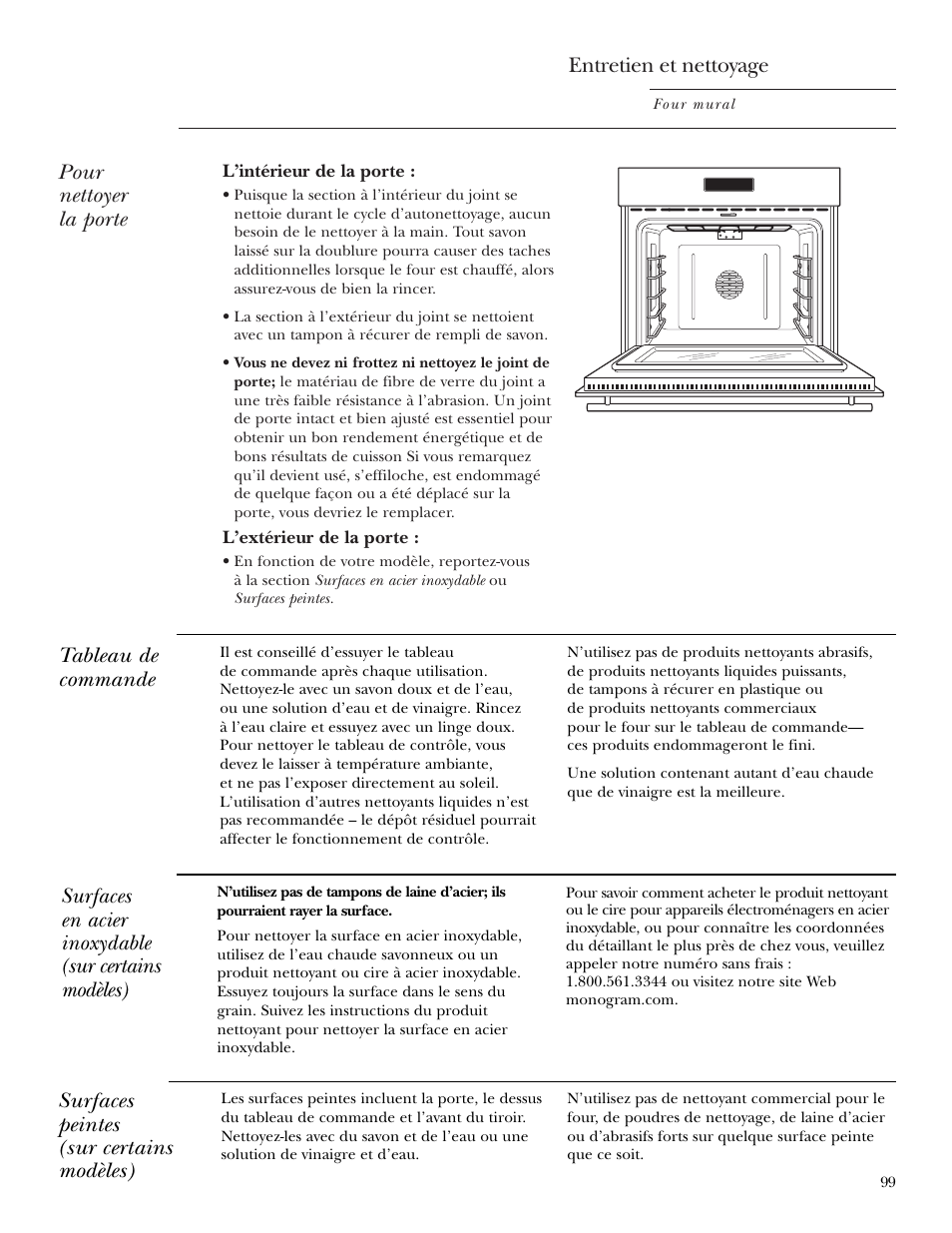 Surfaces en acier inoxidable, Tableau de commande, Surfaces en acier inoxidable tableau de commande | Pour nettoyer la porte, Entretien et nettoyage, Surfaces peintes (sur certains modèles) | GE ZET2R User Manual | Page 99 / 156