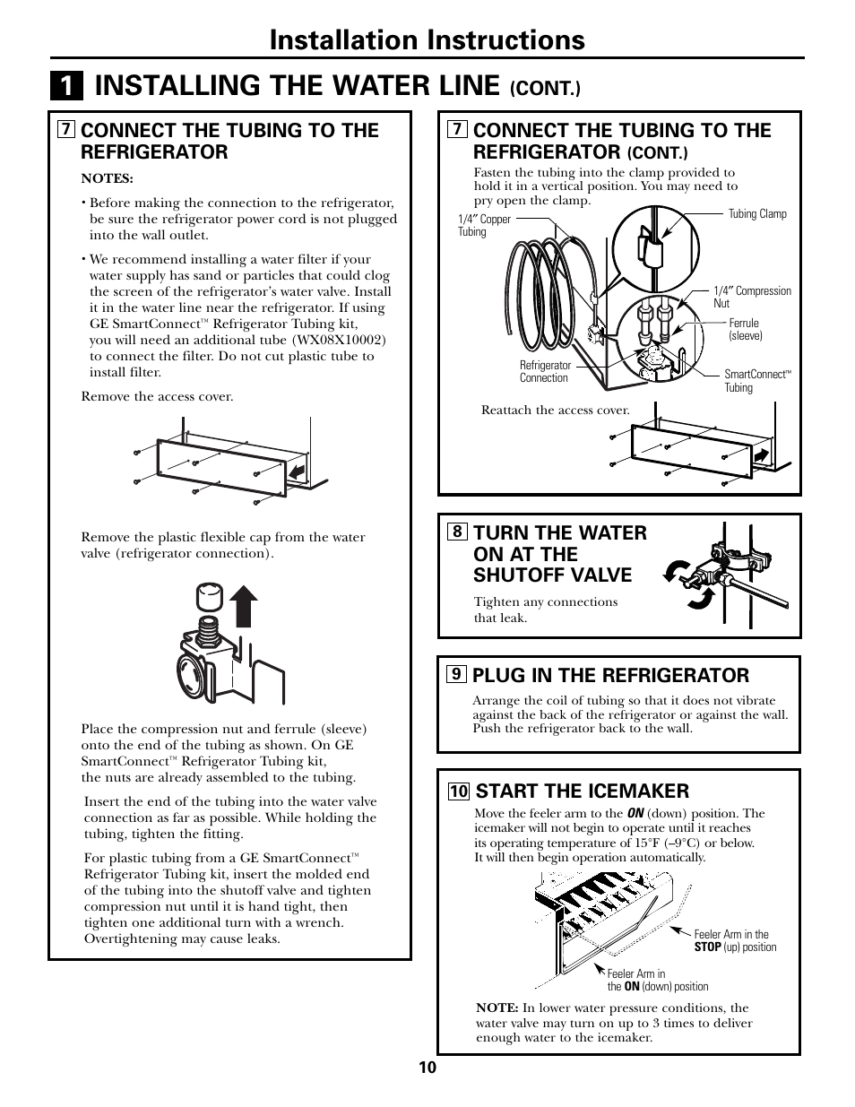 Installation instructions, Installing the water line, Connect the tubing to the refrigerator | Turn the water on at the shutoff valve, Plug in the refrigerator, Start the icemaker, Cont.) | GE 197D5226P005 User Manual | Page 10 / 64