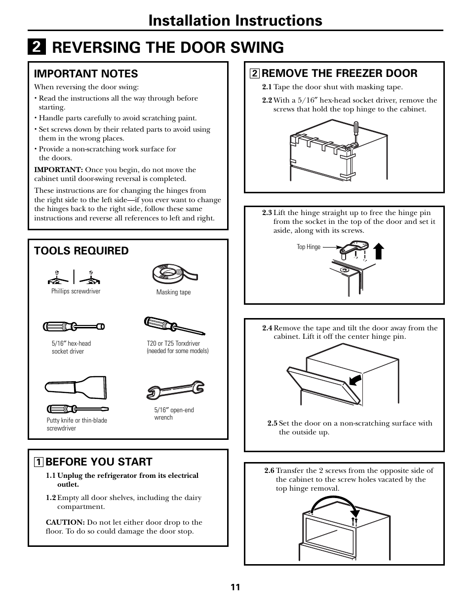 Reversing the door swing, Reversing the door swing –14, Tools required | Remove the freezer door, Before you start | GE 197D5226P005 User Manual | Page 11 / 64