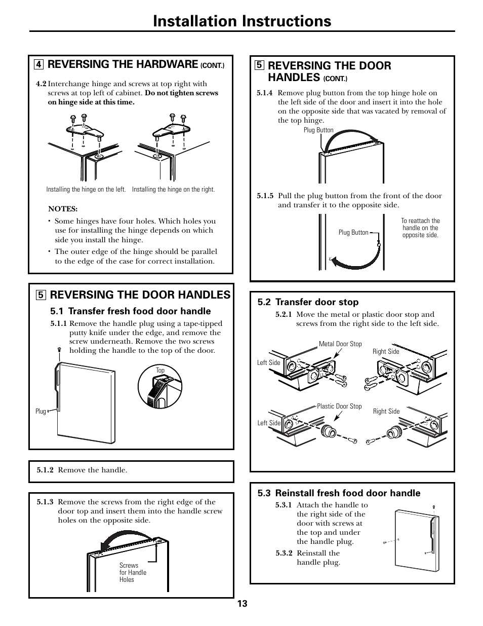 Installation instructions, Reversing the door handles, Reversing the hardware | GE 197D5226P005 User Manual | Page 13 / 64