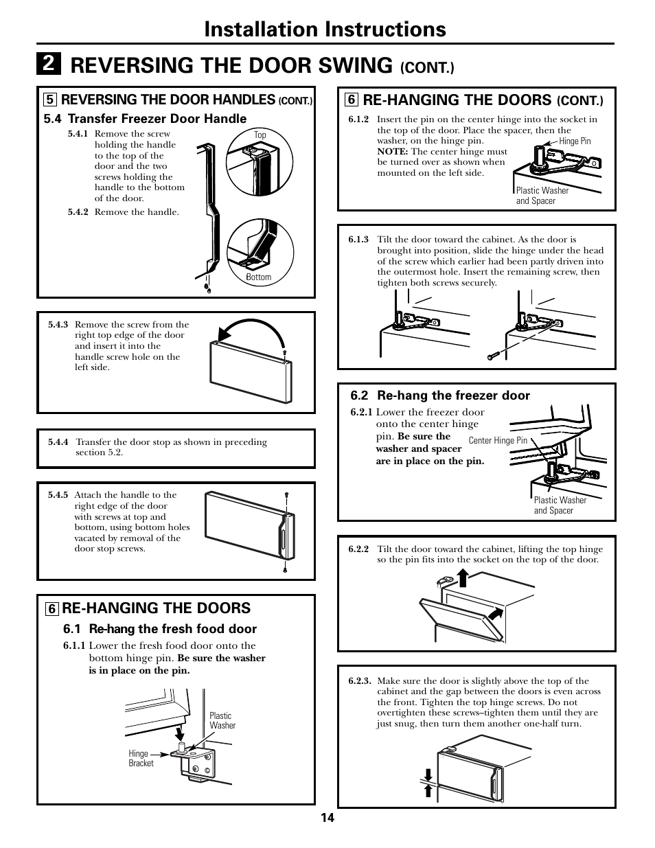 Installation instructions, Reversing the door swing, Re-hanging the doors | Cont.), Reversing the door handles | GE 197D5226P005 User Manual | Page 14 / 64