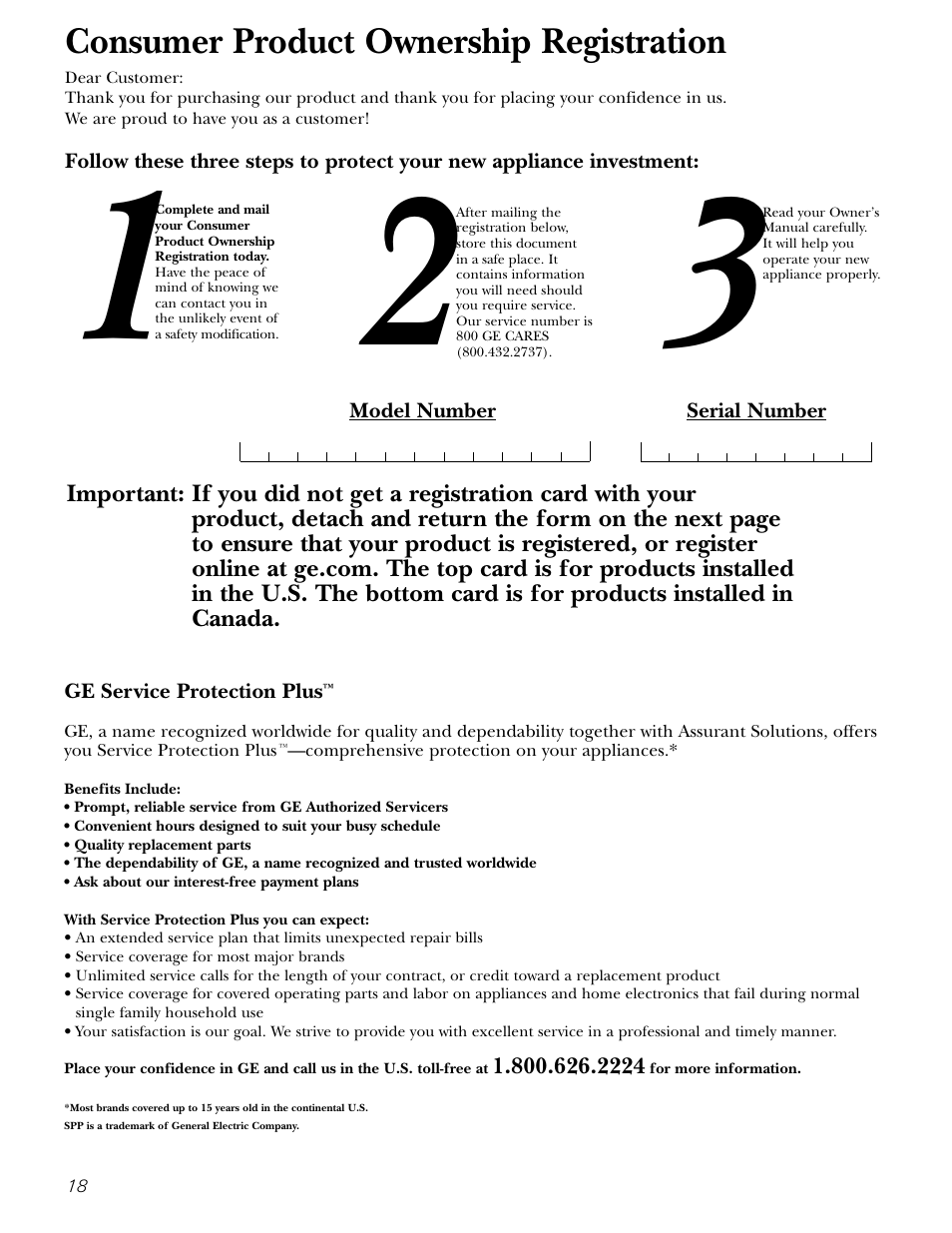 Product registration (u.s.), Product registration (u.s.) . 18–20, Consumer product ownership registration | GE 197D5226P005 User Manual | Page 18 / 64