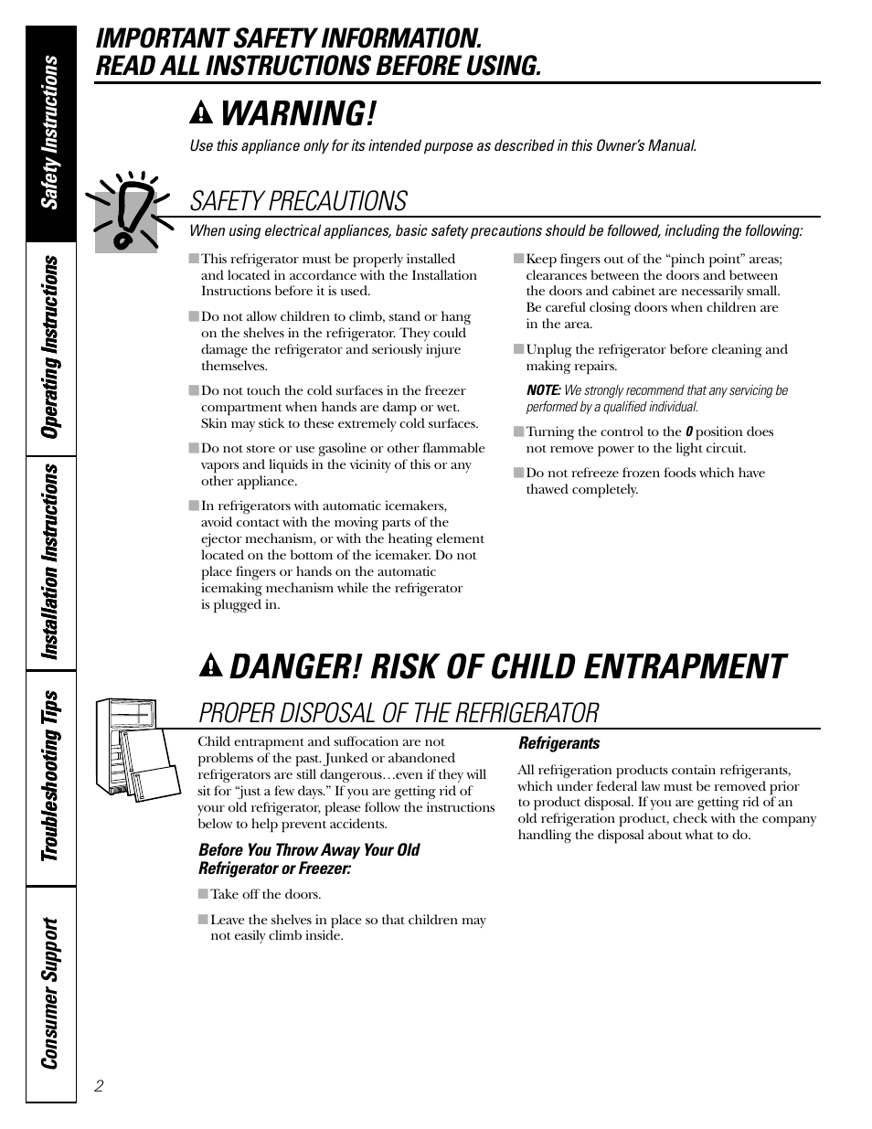 Safety instructions, Warning, Danger! risk of child entrapment | Safety precautions, Proper disposal of the refrigerator | GE 197D5226P005 User Manual | Page 2 / 64