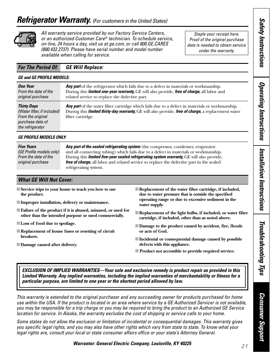 Warranty for u.s. customers, Refrigerator warranty | GE 197D5226P005 User Manual | Page 21 / 64