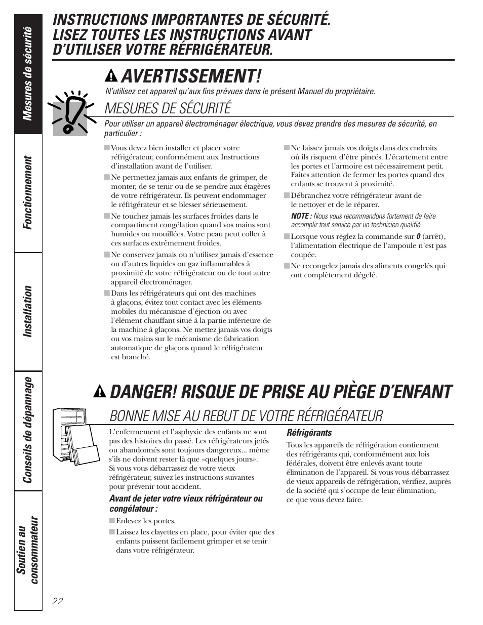 Mesures de sécurité, Avertissement, Danger! risque de prise au piège d’enfant | Bonne mise au rebut de votre réfrigérateur | GE 197D5226P005 User Manual | Page 22 / 64