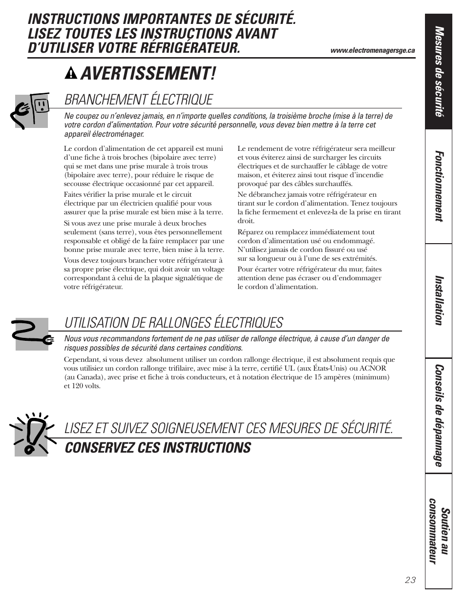 Avertissement, Branchement électrique, Utilisation de rallonges électriques | GE 197D5226P005 User Manual | Page 23 / 64