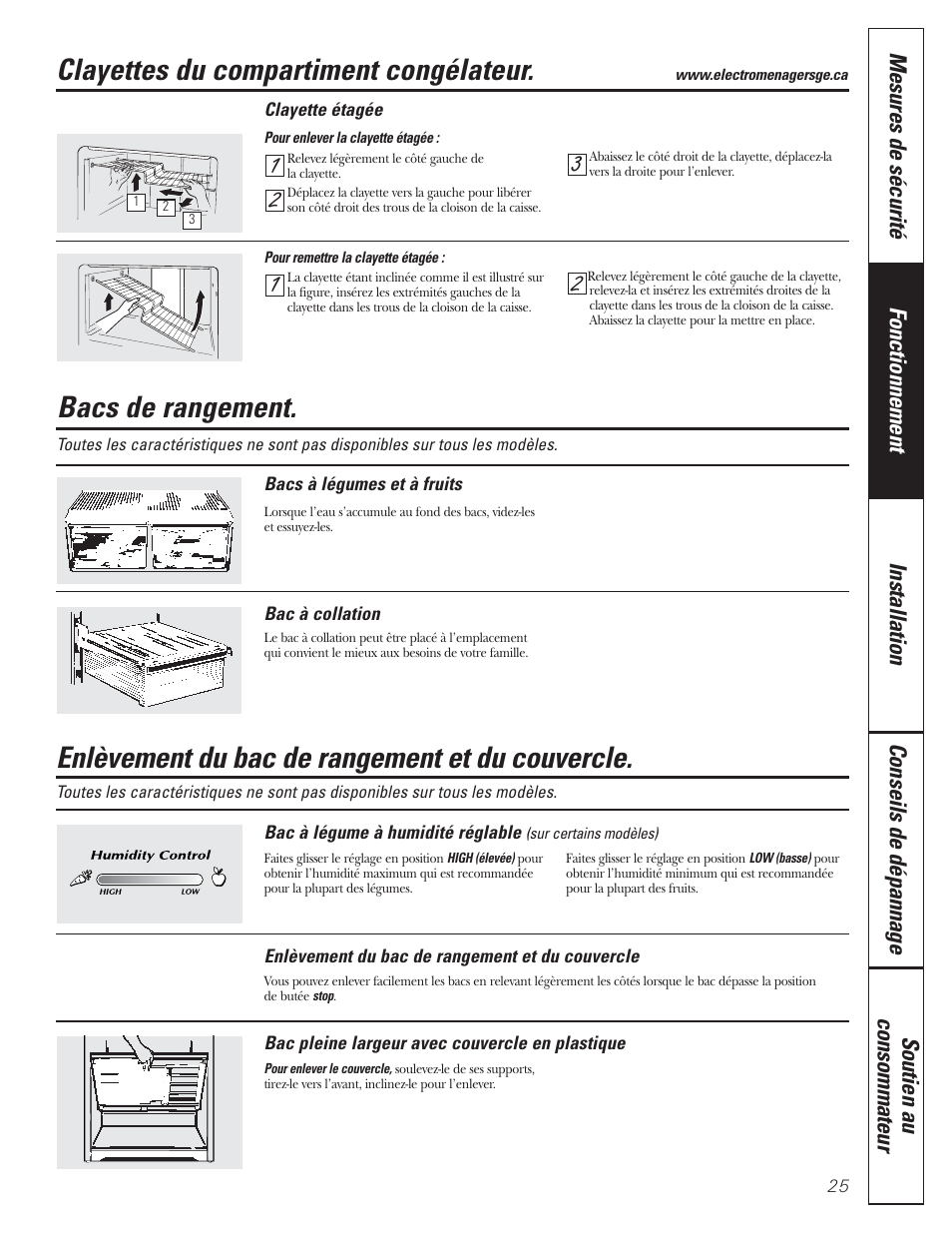 Bacs de rangement, Bacs de rangement , 26, Clayettes du compartiment congélateur | Enlèvement du bac de rangement et du couvercle | GE 197D5226P005 User Manual | Page 25 / 64