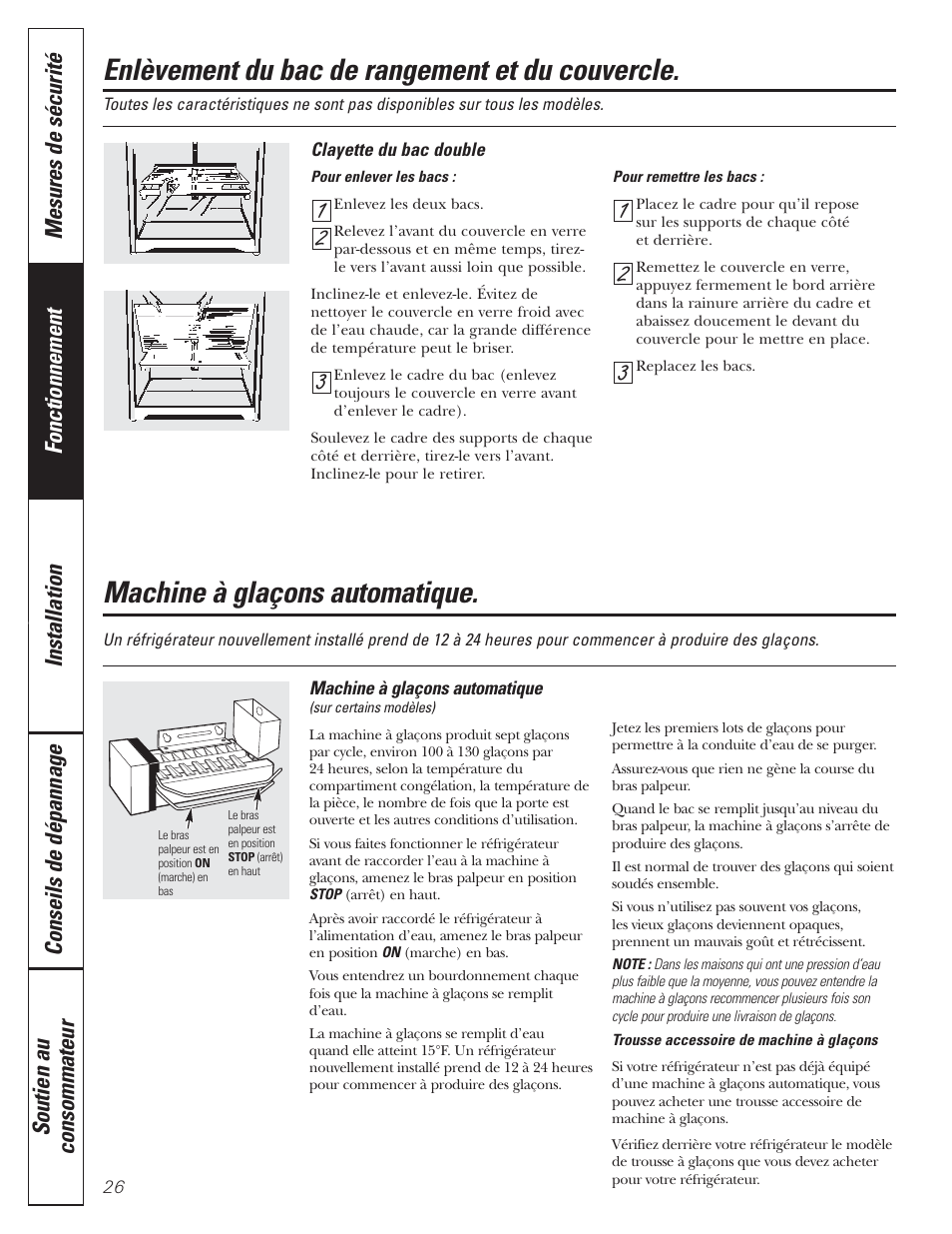 Machine à glaçons automatique, Enlèvement du bac de rangement et du couvercle | GE 197D5226P005 User Manual | Page 26 / 64