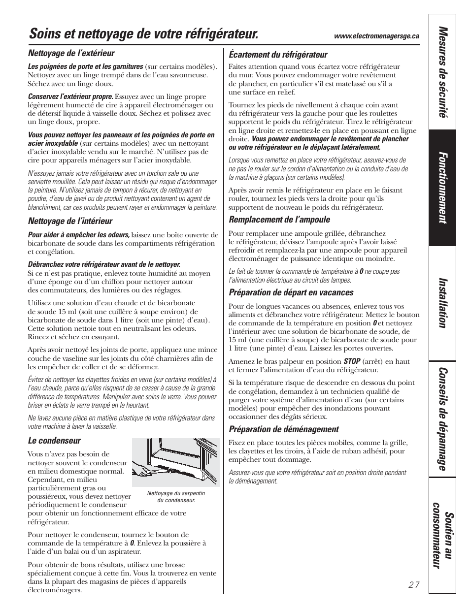 Entretien et nettoyage, Soins et nettoyage de votre réfrigérateur | GE 197D5226P005 User Manual | Page 27 / 64