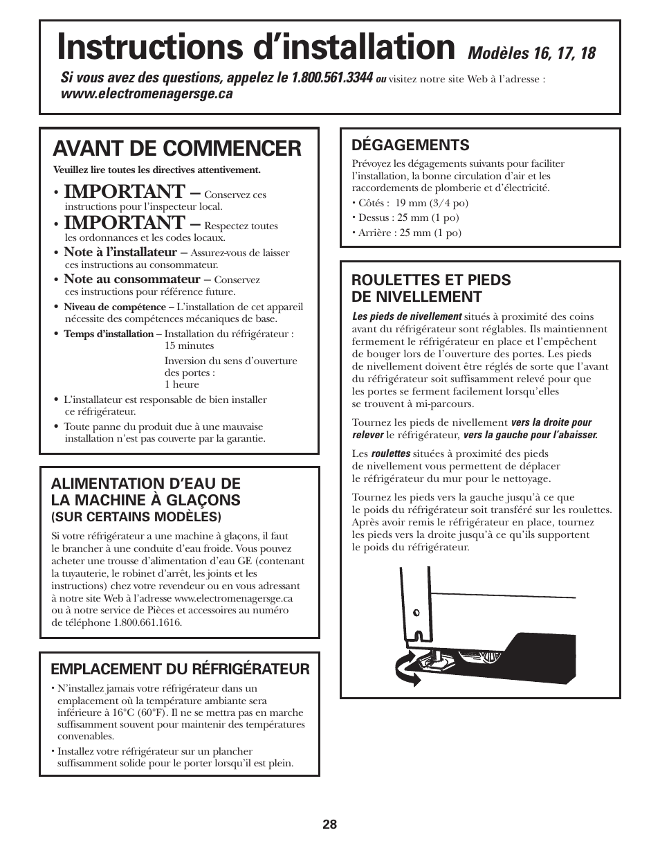 Préparation à l’installationdu réfrigérateur, Préparation à l’installation du réfrigérateur, Instructions d’installation | Avant de commencer, Important | GE 197D5226P005 User Manual | Page 28 / 64