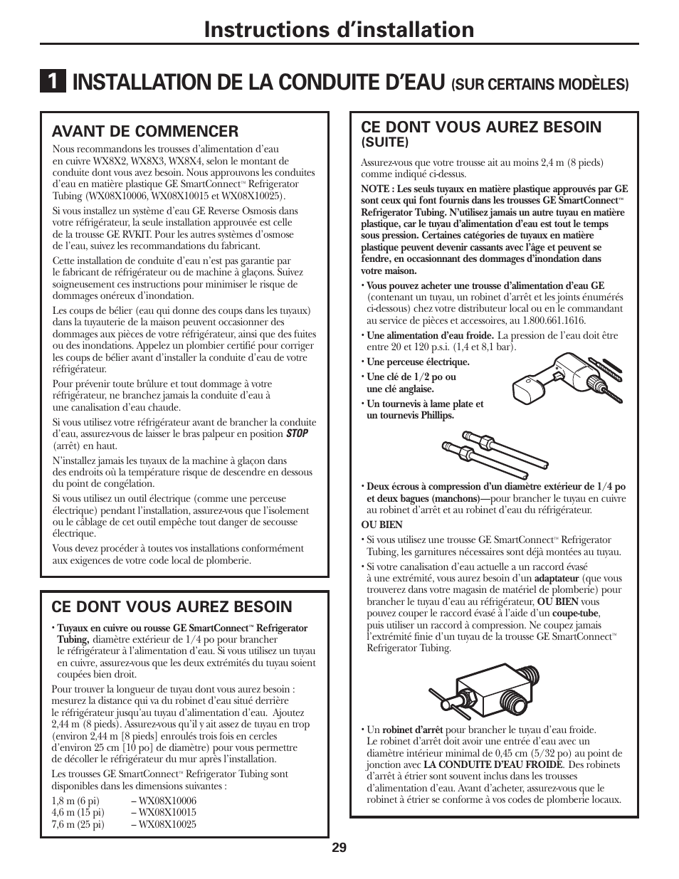 Installation de laconduite d’eau, Installation de la conduite d’eau –32, Installation de la conduite d’eau | Instructions d’installation, Sur certains modèles), Avant de commencer, Ce dont vous aurez besoin | GE 197D5226P005 User Manual | Page 29 / 64