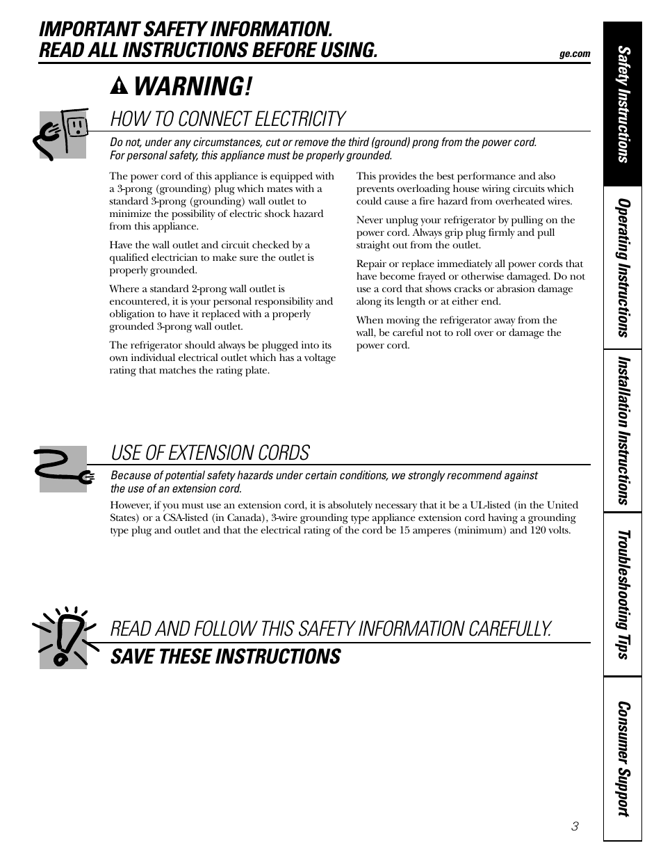 Warning, How to connect electricity, Use of extension cords | GE 197D5226P005 User Manual | Page 3 / 64