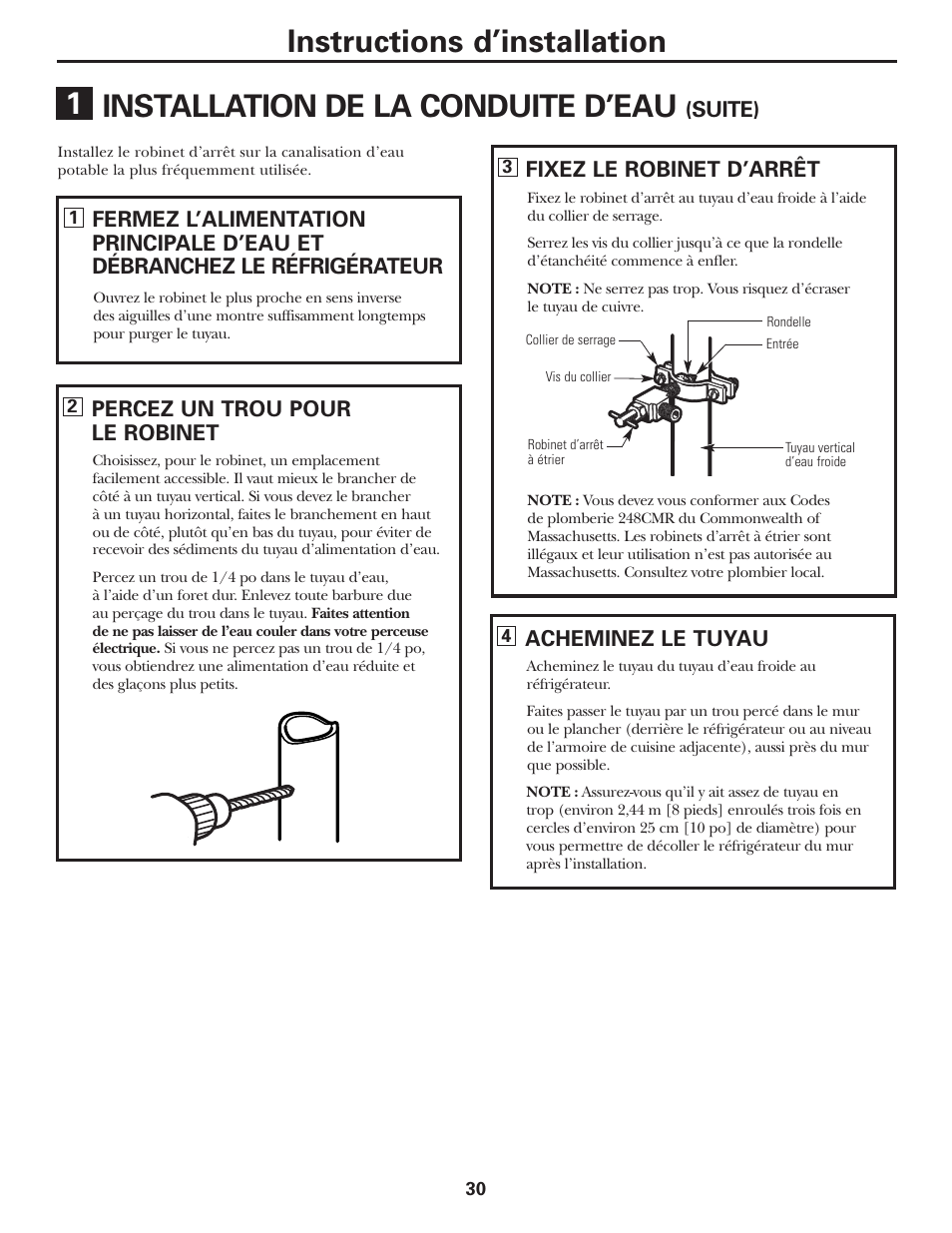 Suite), Percez un trou pour le robinet, Fixez le robinet d’arrêt | Acheminez le tuyau | GE 197D5226P005 User Manual | Page 30 / 64