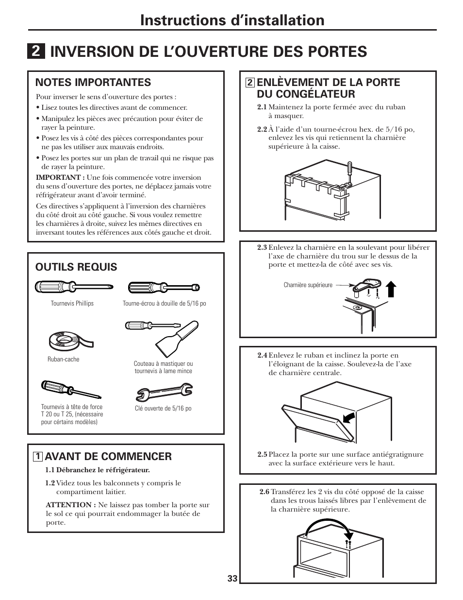 Inversion del’ouverture des portes, Inversion de l’ouverture des portes –37, Instructions d’installation | Inversion de l’ouverture des portes 2, Outils requis, Avant de commencer, Enlèvement de la porte du congélateur | GE 197D5226P005 User Manual | Page 33 / 64