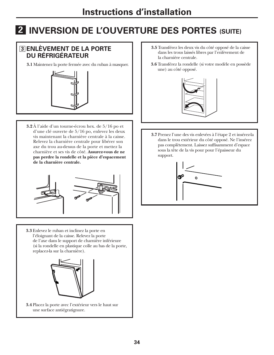 Instructions d’installation, Inversion de l’ouverture des portes | GE 197D5226P005 User Manual | Page 34 / 64