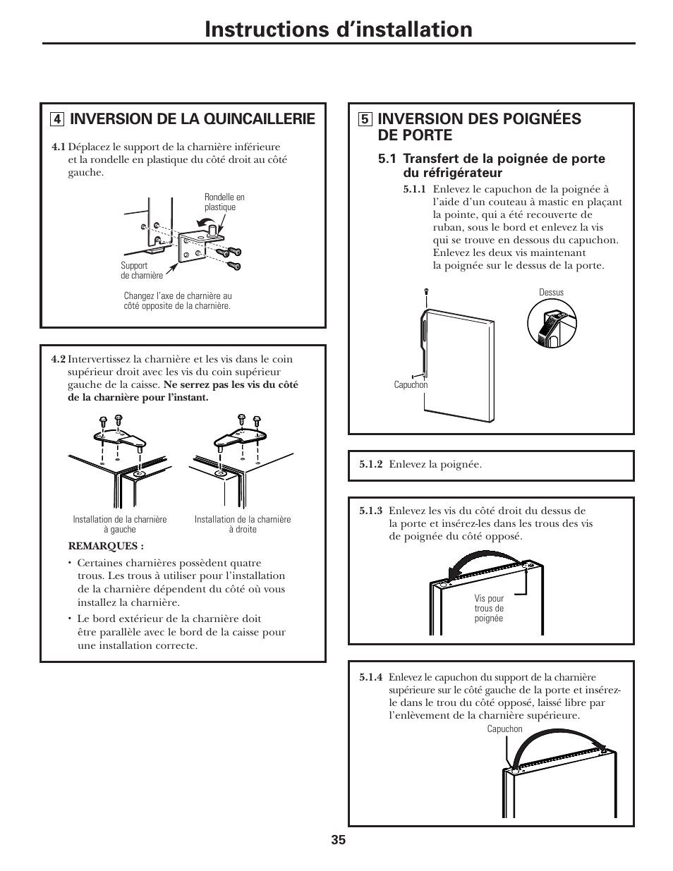 Instructions d’installation, Inversion de la quincaillerie, Inversion des poignées de porte | GE 197D5226P005 User Manual | Page 35 / 64