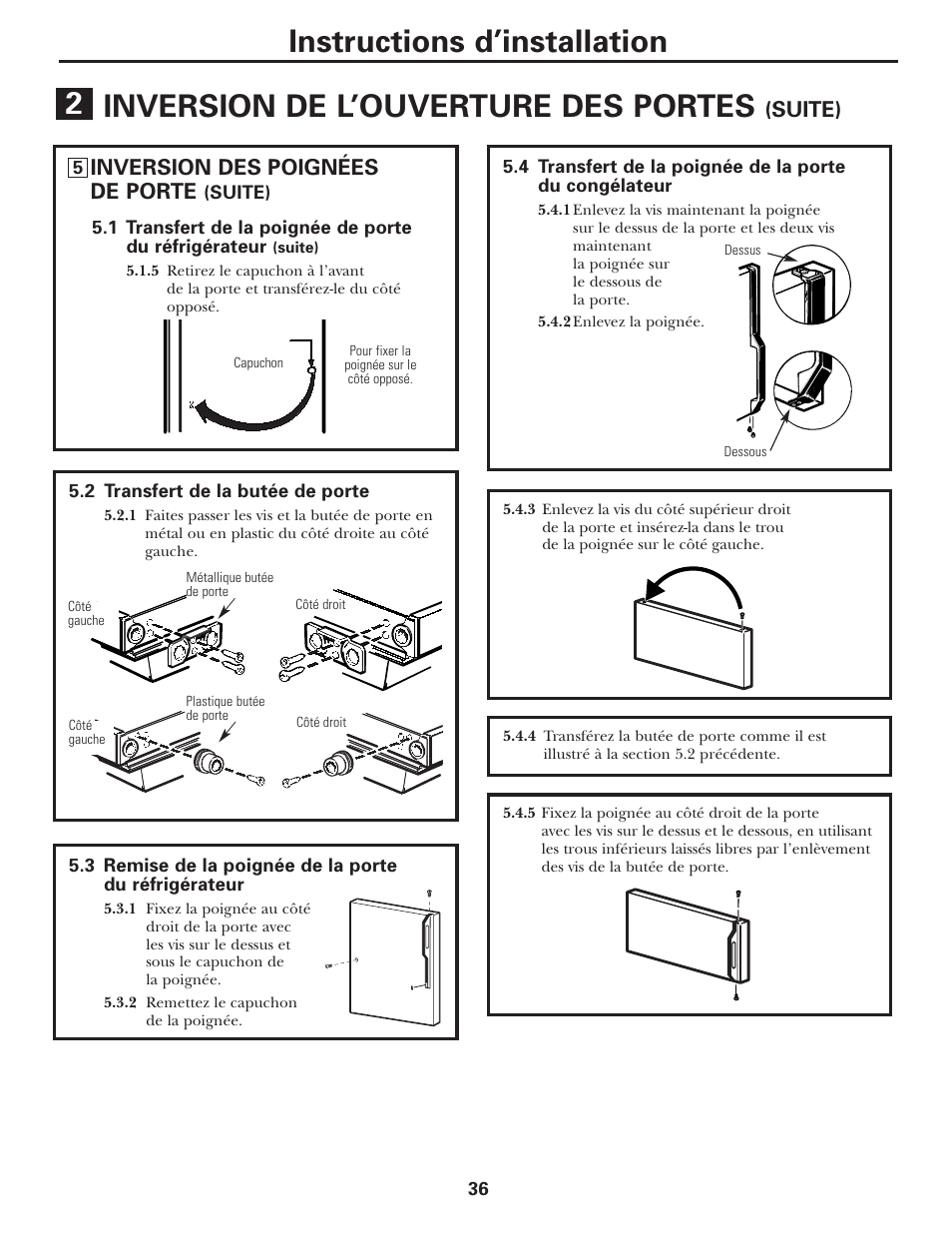 Instructions d’installation, Inversion de l’ouverture des portes, Inversion des poignées de porte | Suite) | GE 197D5226P005 User Manual | Page 36 / 64