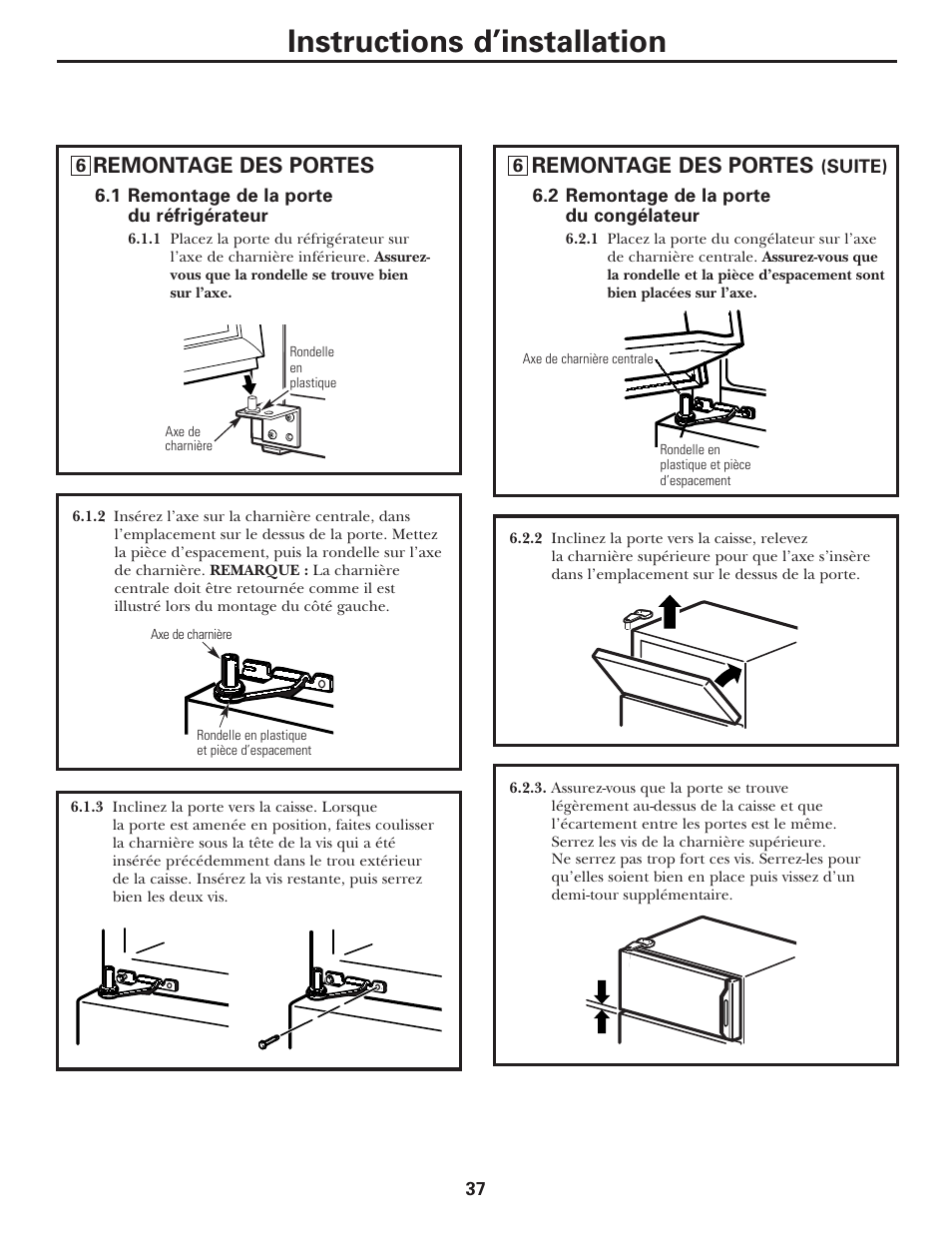 Instructions d’installation, Remontage des portes | GE 197D5226P005 User Manual | Page 37 / 64