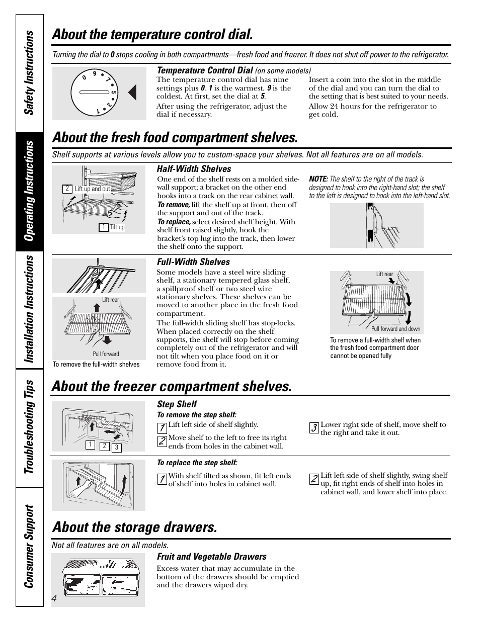 Shelves, Storage drawers, Temperature controls | Shelves storage drawers , 5 temperature controls, About the temperature control dial, About the fresh food compartment shelves, About the freezer compartment shelves, About the storage drawers | GE 197D5226P005 User Manual | Page 4 / 64