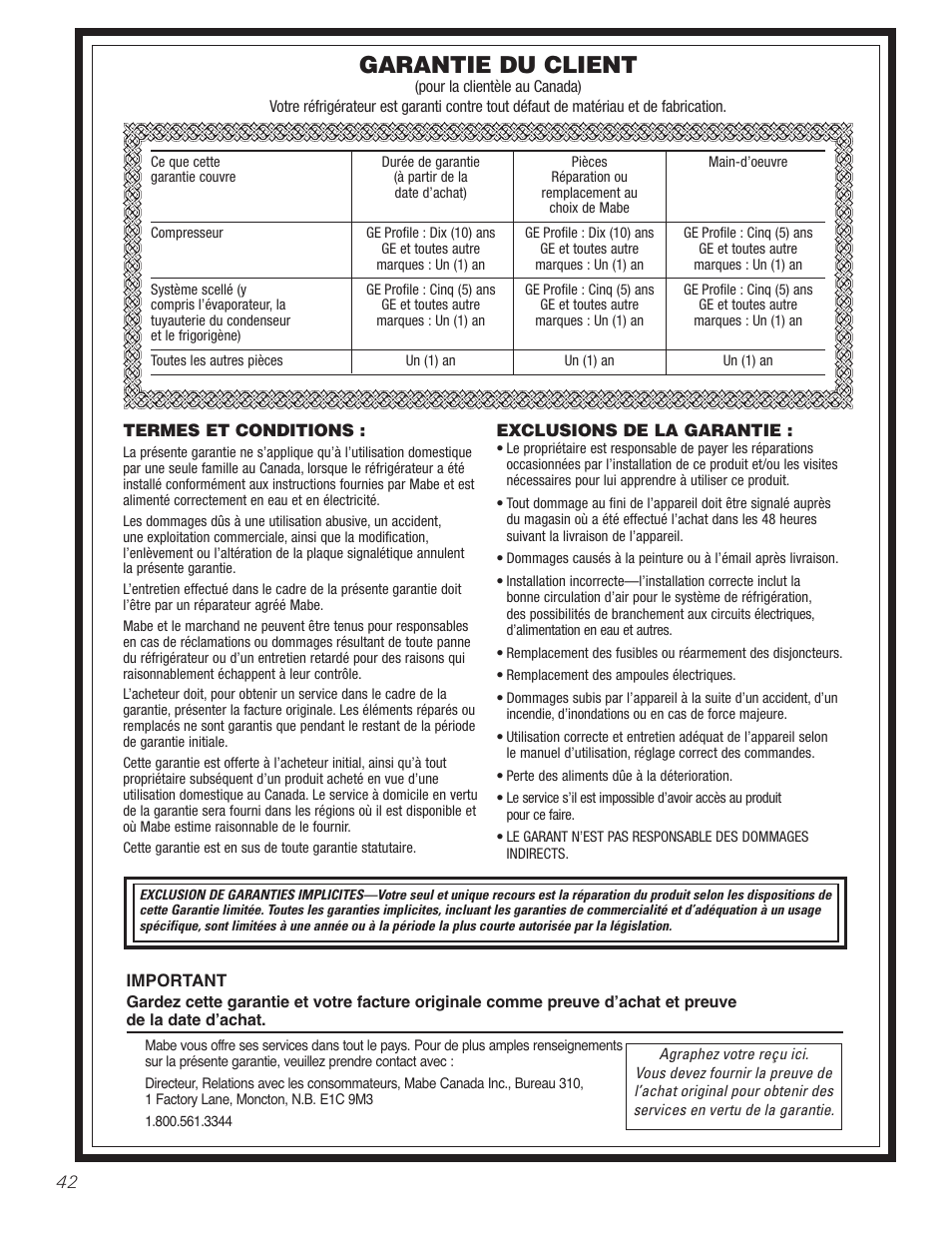 Garantie, Garantie du client | GE 197D5226P005 User Manual | Page 42 / 64