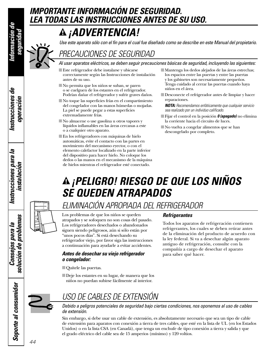 Información de seguridad, Advertencia, Precauciones de seguridad | Uso de cables de extensión, Eliminación apropiada del refrigerador | GE 197D5226P005 User Manual | Page 44 / 64