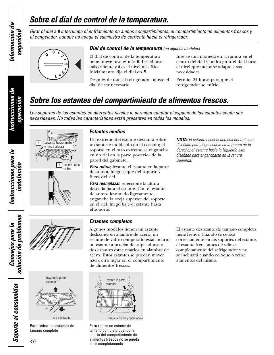 Control, Estantes, Estantes , 47 | Sobre el dial de control de la temperatura | GE 197D5226P005 User Manual | Page 46 / 64