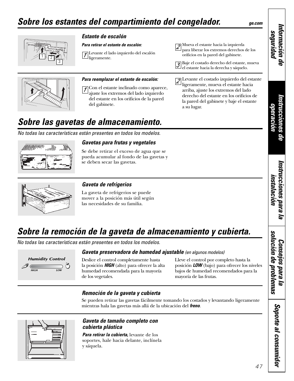 Gavetas dealmacenamiento, Gavetas de almacenamiento , 48, Sobre las gavetas de almacenamiento | GE 197D5226P005 User Manual | Page 47 / 64