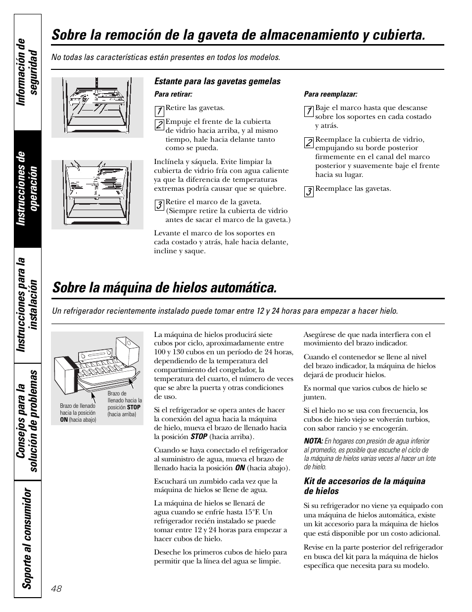 Máquina dehielos automática, Máquina de hielos automática, Sobre la máquina de hielos automática | GE 197D5226P005 User Manual | Page 48 / 64