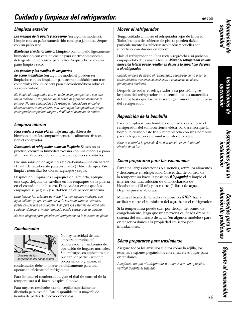 Cuidado y limpieza, Cuidado y limpieza del refrigerador | GE 197D5226P005 User Manual | Page 49 / 64