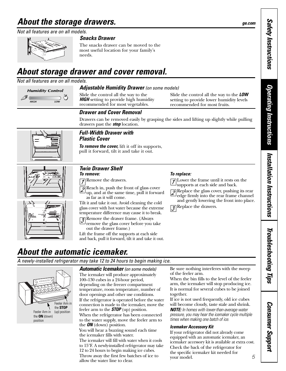 Automatic icemaker, About the automatic icemaker, About storage drawer and cover removal | About the storage drawers | GE 197D5226P005 User Manual | Page 5 / 64