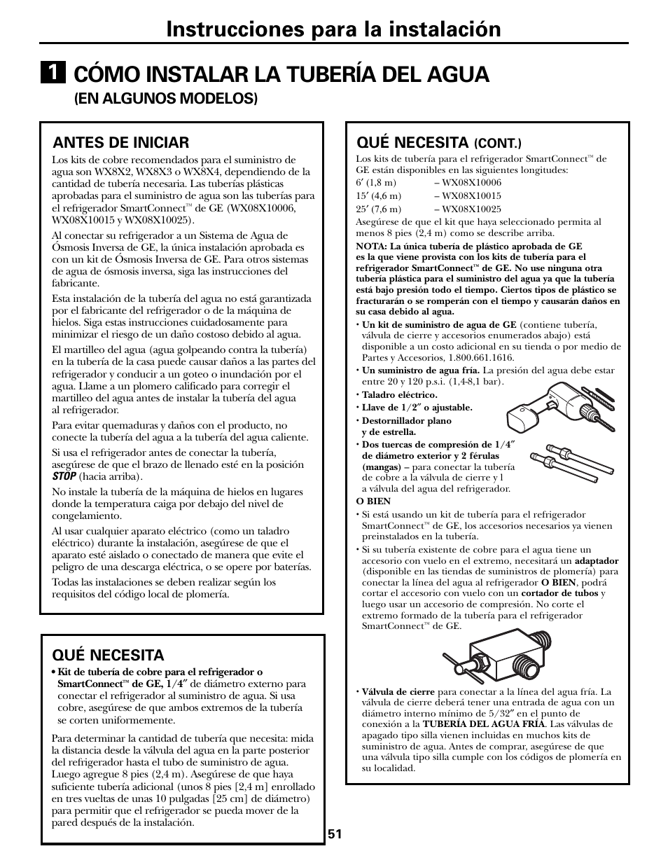 Instalación de latubería del agua, Instalación de la tubería del agua –55, Cómo instalar la tubería del agua | Instrucciones para la instalación, En algunos modelos), Antes de iniciar qué necesita, Qué necesita | GE 197D5226P005 User Manual | Page 51 / 64