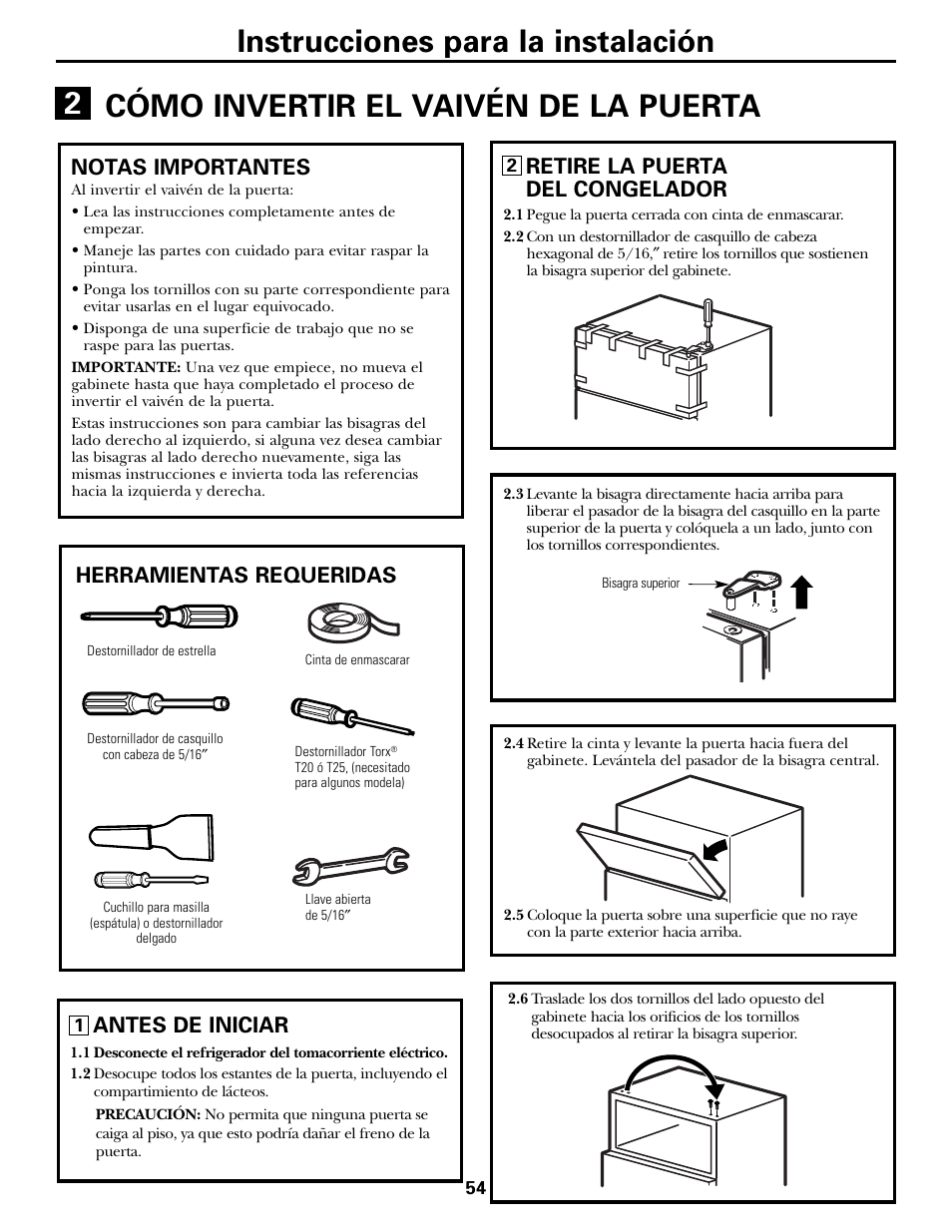 Retire la puerta del congelador, Notas importantes, Herramientas requeridas | Antes de iniciar | GE 197D5226P005 User Manual | Page 54 / 64