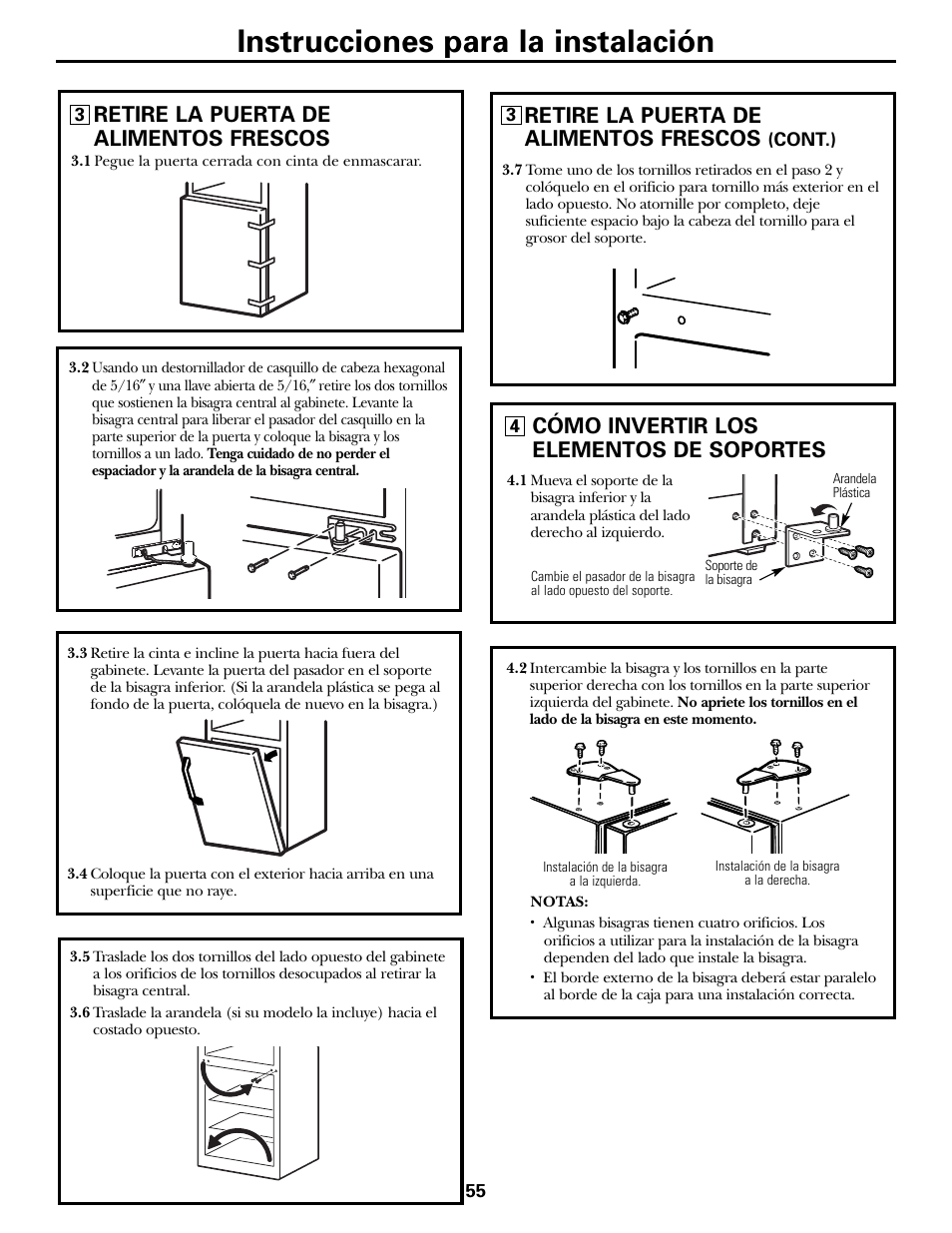 Instrucciones para la instalación, Cómo invertir los elementos de soportes, Retire la puerta de alimentos frescos | GE 197D5226P005 User Manual | Page 55 / 64
