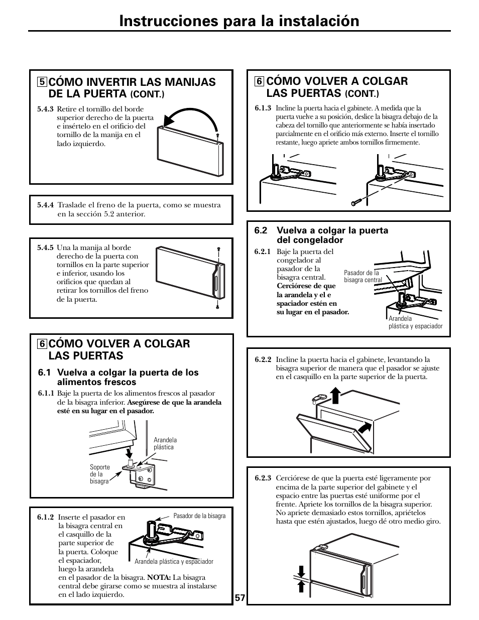 Instrucciones para la instalación, Cómo volver a colgar las puertas, Cómo invertir las manijas de la puerta | GE 197D5226P005 User Manual | Page 57 / 64