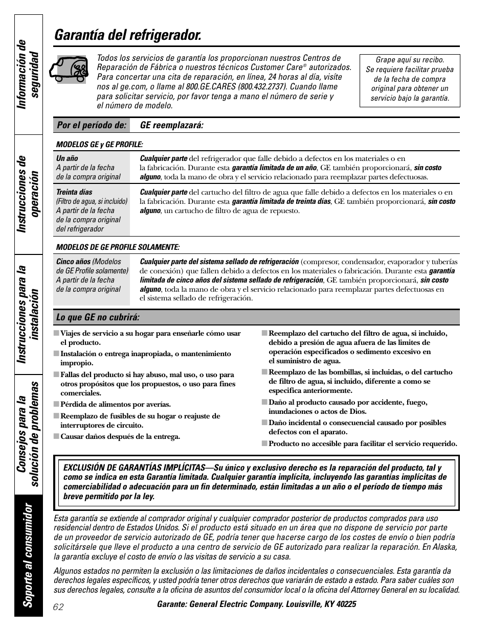 Garantía, Garantía del refrigerador | GE 197D5226P005 User Manual | Page 62 / 64