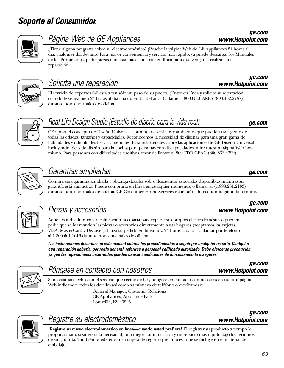 Soporte al consumidor, Garantías ampliadas, Página web de ge appliances | Solicite una reparación, Piezas y accesorios, Póngase en contacto con nosotros, Registre su electrodoméstico | GE 197D5226P005 User Manual | Page 63 / 64