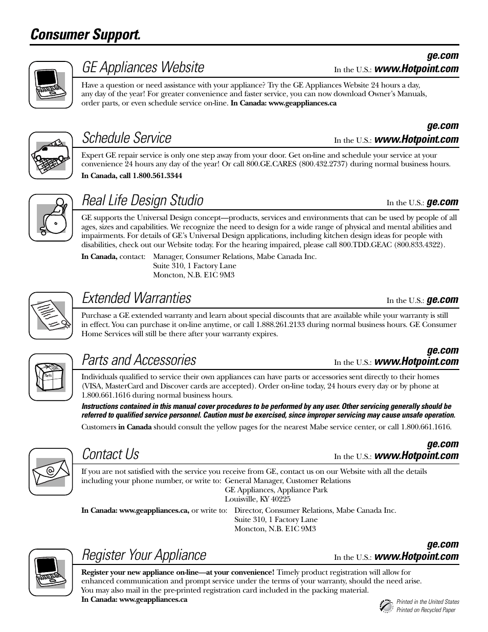 Consumer support, Consumer support . . . . back cover, Extended warranties | Ge appliances website, Schedule service, Real life design studio, Parts and accessories, Contact us, Register your appliance | GE 197D5226P005 User Manual | Page 64 / 64