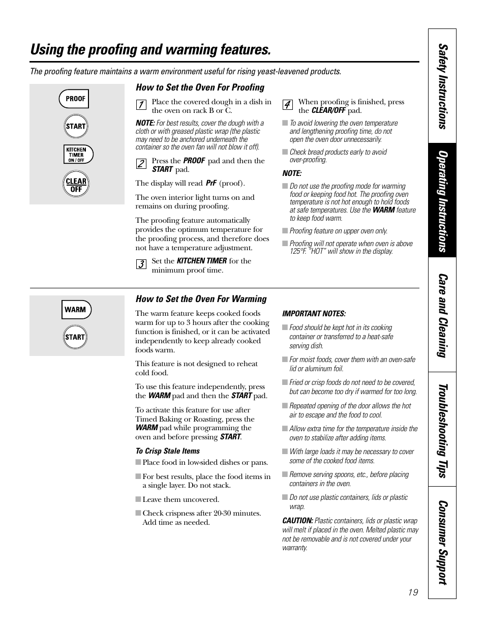 Proofing, Warming, Using the proofing and warming features | GE JK91527 User Manual | Page 19 / 32