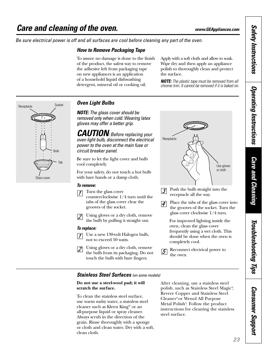 Light bulb, Packaging tape, Stainless steel surfaces | Care and cleaning of the oven, Caution | GE JK91527 User Manual | Page 23 / 32