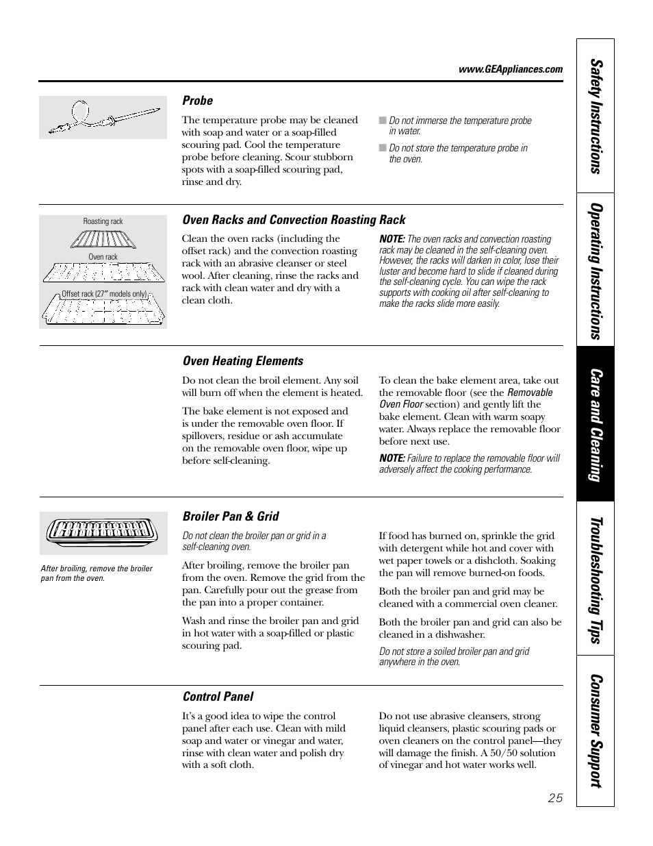 Broiler pan and grid, Control panel, Probe | Racks, Probe racks | GE JK91527 User Manual | Page 25 / 32